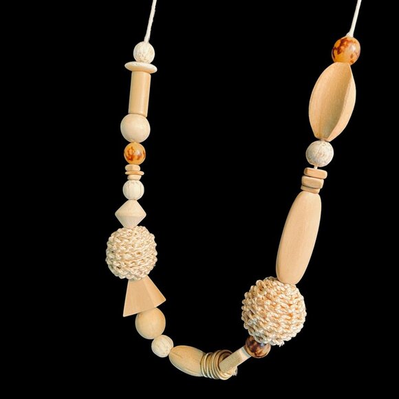 Boho Natural Wood Bead Necklace Earrings Set Chunky Statement Artisan Jewelry - Picture 7 of 10